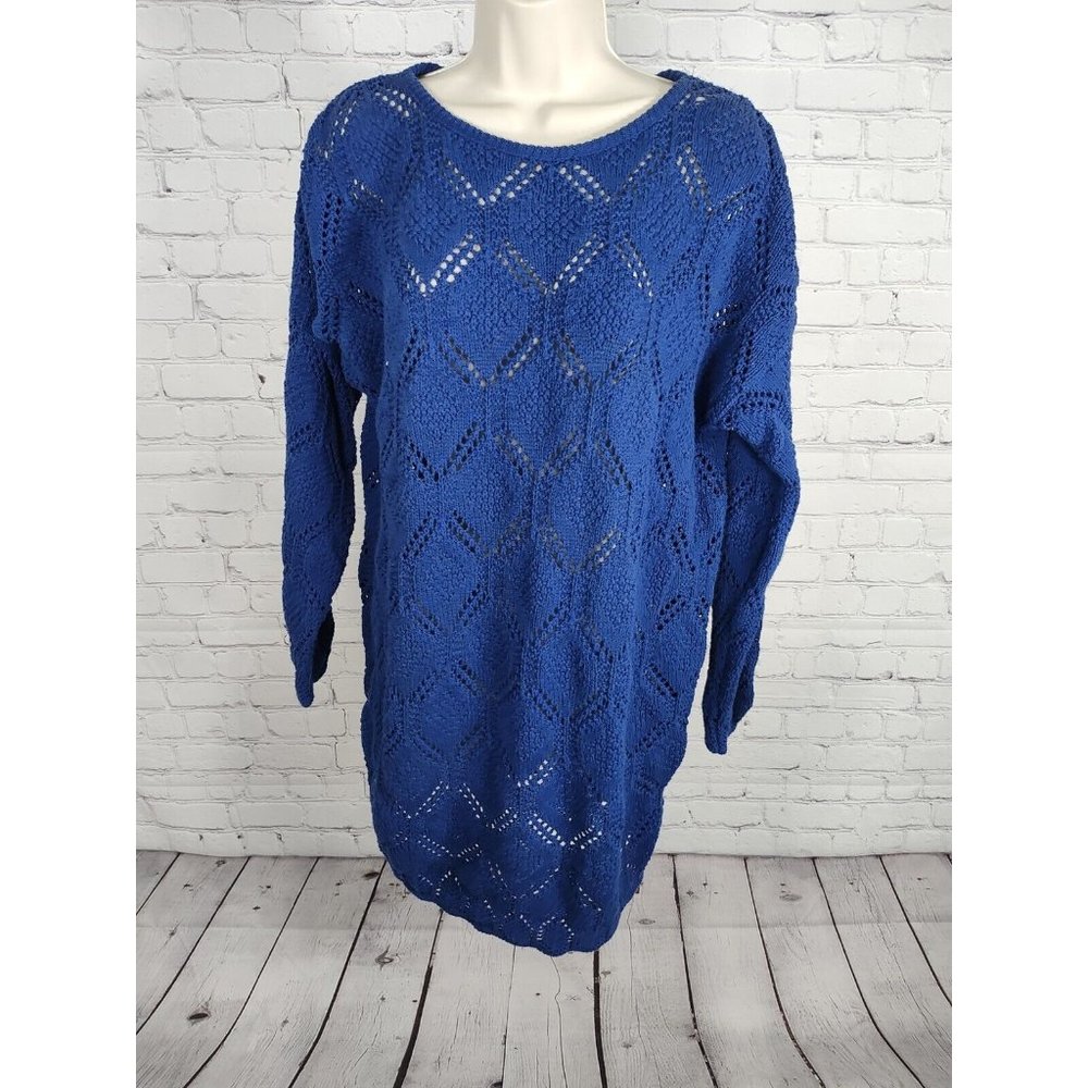 VTG Huntington Ridge Royal Blue Round Neck Pullover Open Knit Sweater Size Large